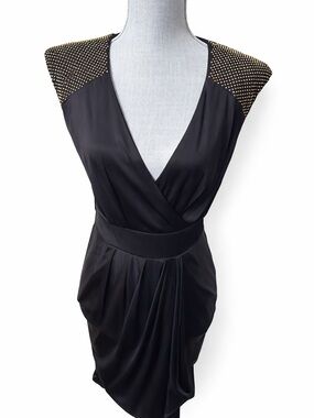 Flavio Castellani Black Draped Dress Studded  Made in Italy Size 40 No Belt